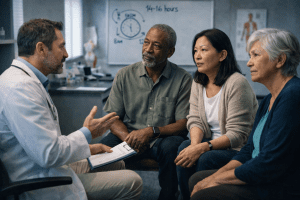 El ayuno intermitente 14-16h mejora modestamente diabetes tipo 2 e hipertensión, pero no es superior a restricción calórica continua. Evidencia 2023-2025.