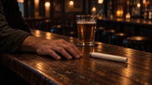 Mano abierta y relajada sobre la barra de un bar, junto a una cerveza intacta y una pluma de inyección blanca sin marca