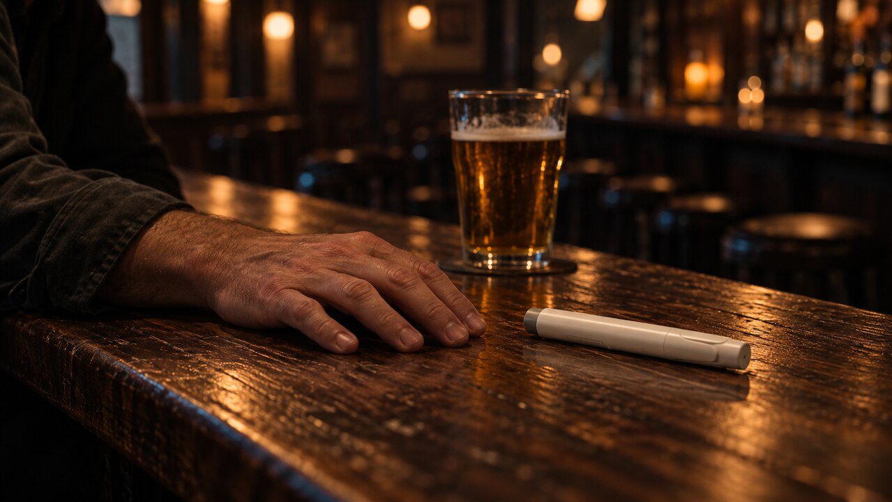 Mano abierta y relajada sobre la barra de un bar, junto a una cerveza intacta y una pluma de inyección blanca sin marca
