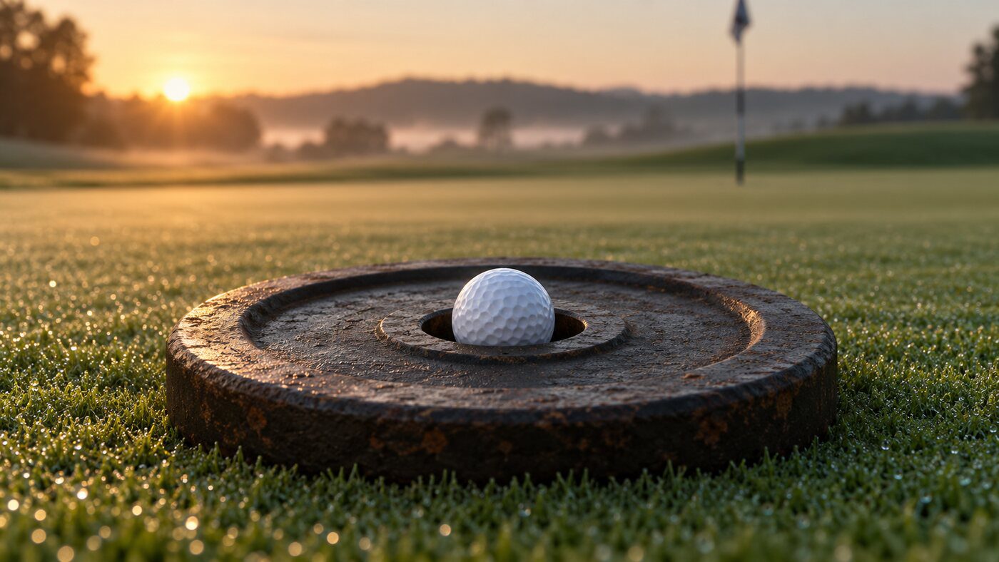 Pelota de golf blanca dentro del agujero central de un disco de pesas de hierro, sobre un green con rocío al amanecer.
