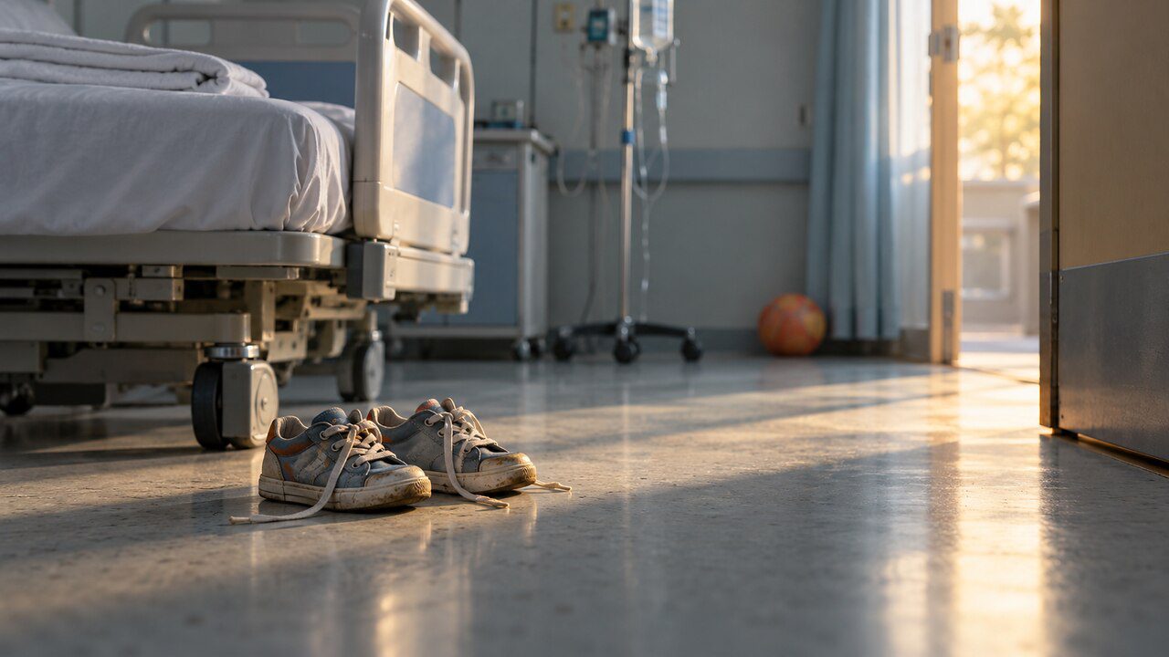 Zapatillas infantiles junto a una cama de hospital vacía, con un pie de gotero al fondo y luz de ventana
