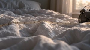 Cinta métrica sin cifras tensada sobre sábanas arrugadas, sin seguir sus pliegues, junto a un despertador de espaldas